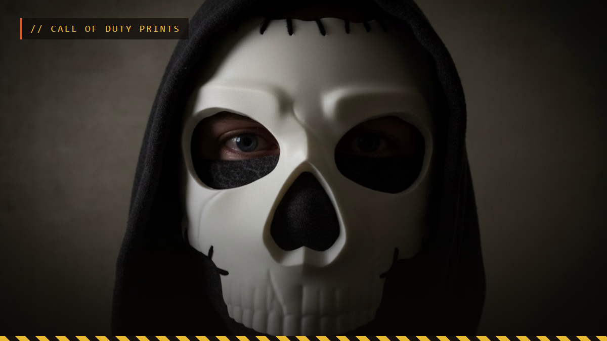 A 3D printed Call of Duty Ghost skull mask worn under a black hood, by Rushy_Rush