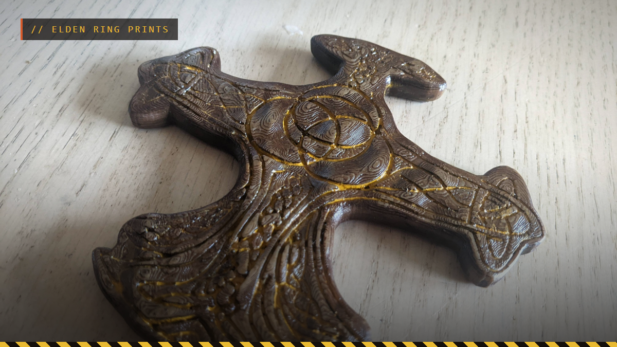 A 3D printed Erdtree Seal finished with a dark stain, by Saplyng