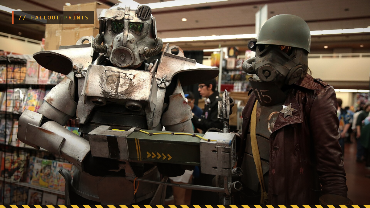 A Brotherhood of Steel power armor cosplayer next to an NCR Ranger cosplayer at a convention
