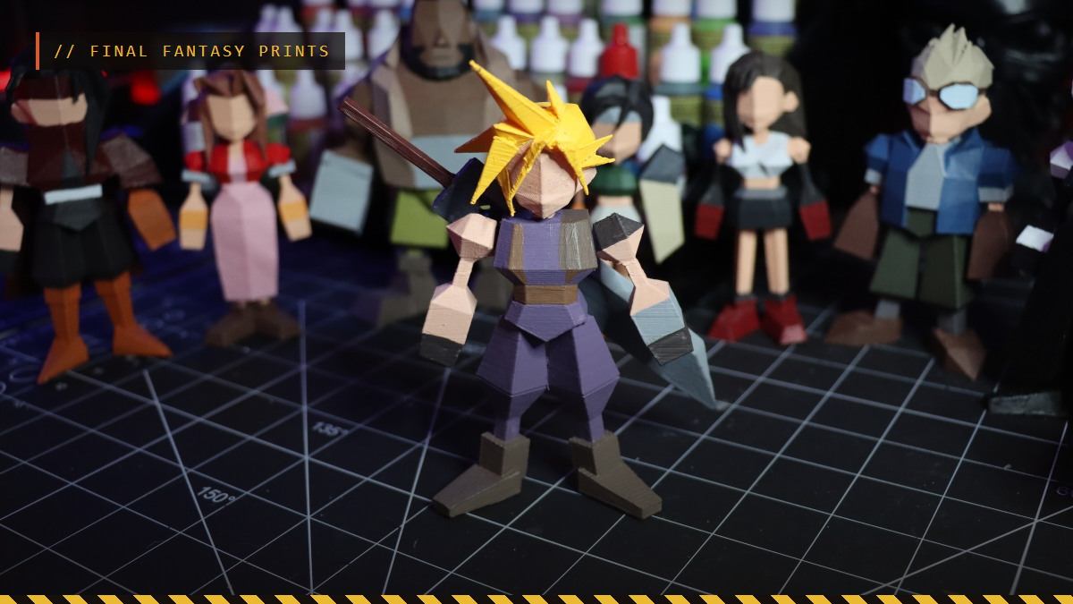 3D printed low-poly Final Fantasy VII figures with Cloud Strife in front, by The Cyber Hobbit