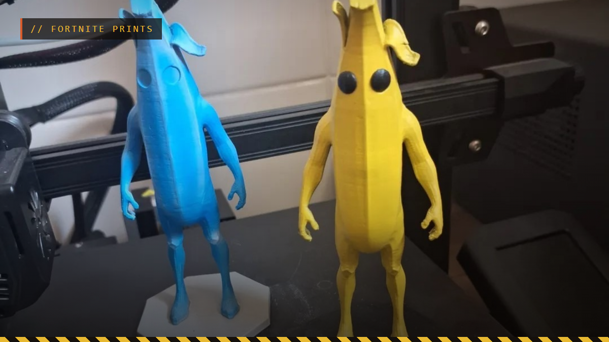Two 3D printed Peely figures from Fortnite, one blue and one yellow, by Jerryie