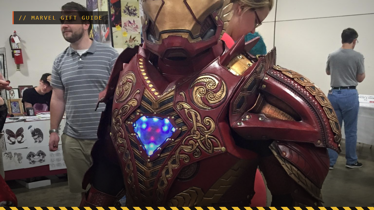 Iron Man cosplayer in red and gold armor at Boston Comic Con, Marvel gift guide header