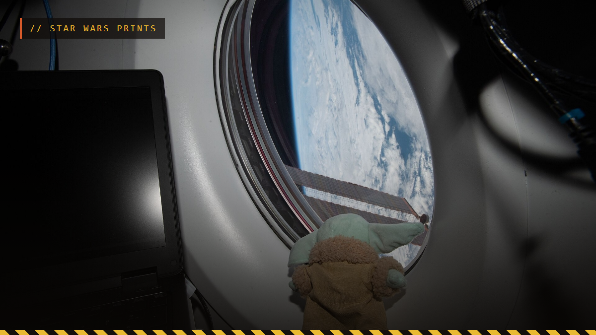 A Grogu doll floating by a window on the SpaceX Crew Dragon, with the Earth outside