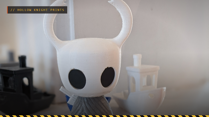 A 3D printed Hollow Knight figure on a stand, by SkeletalPrints