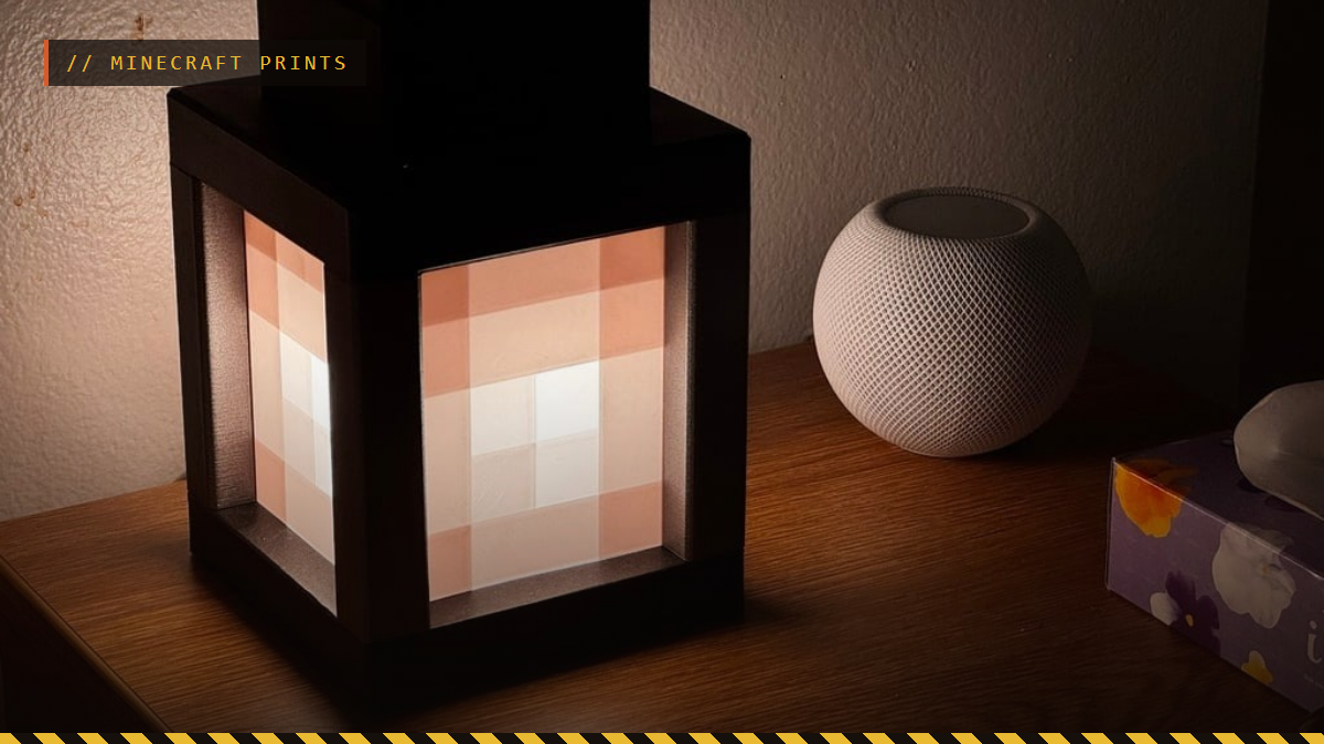 A 3D printed Minecraft lantern glowing on a nightstand, by Nando