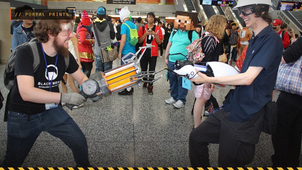 Two cosplayers face off at a convention, one with a Half-Life gravity gun and one with a Portal gun