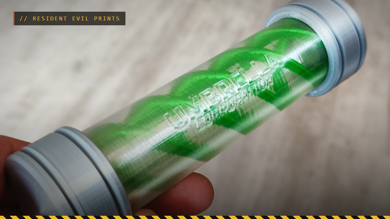 A hand holding a 3D printed T-virus vial with a green helix, by kMik