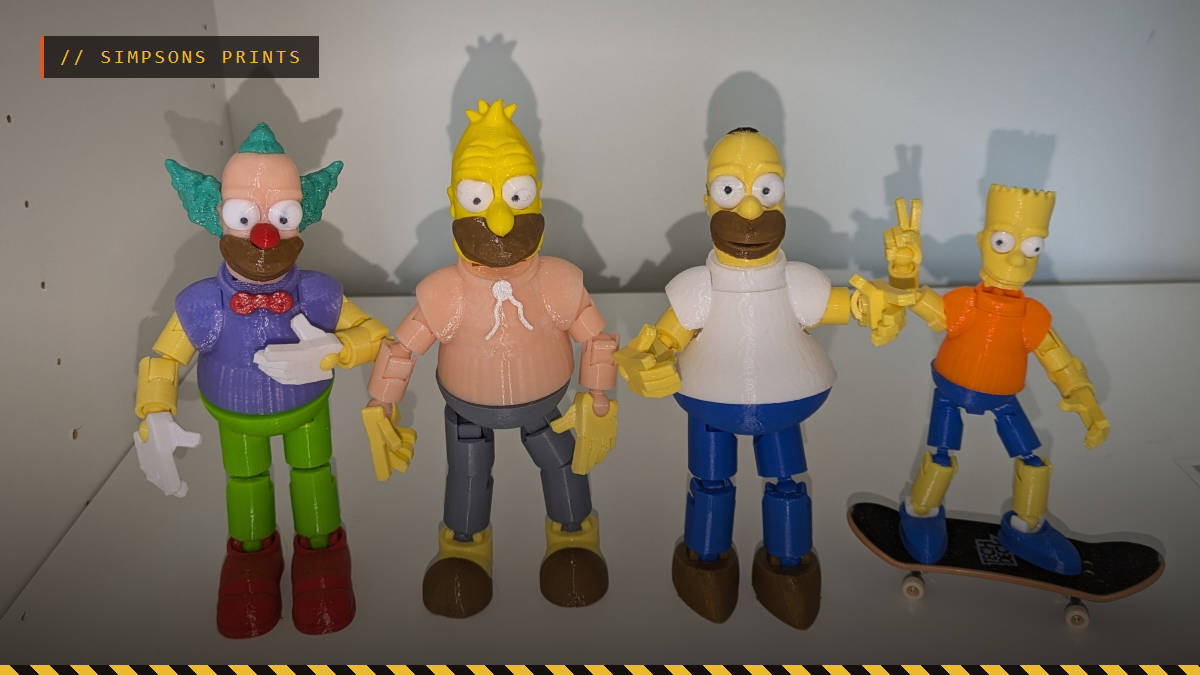 3D printed Simpsons characters built on Mini 13 jointed figures, including Krusty, Homer and Bart, by Alex