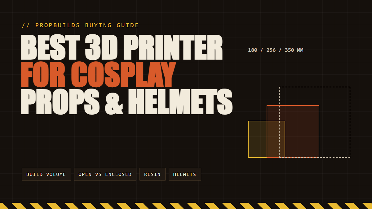 Best 3D printer for cosplay props and helmets, original PropBuilds title card with printer build plates drawn to scale