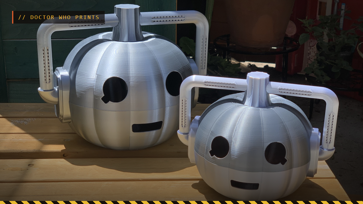 Two 3D printed silver Cyberman pumpkins on a wooden bench, by JonS