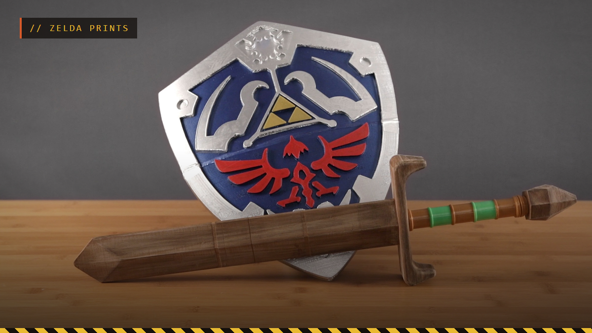 A 3D printed Hylian Shield with a wooden sword on a table, by Adafruit