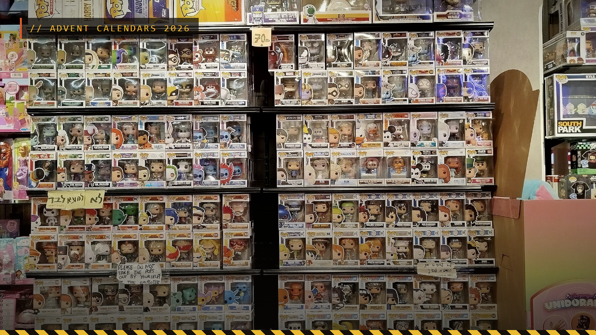 A toy shop wall stacked with boxed Funko Pop figures, advent calendar guide header