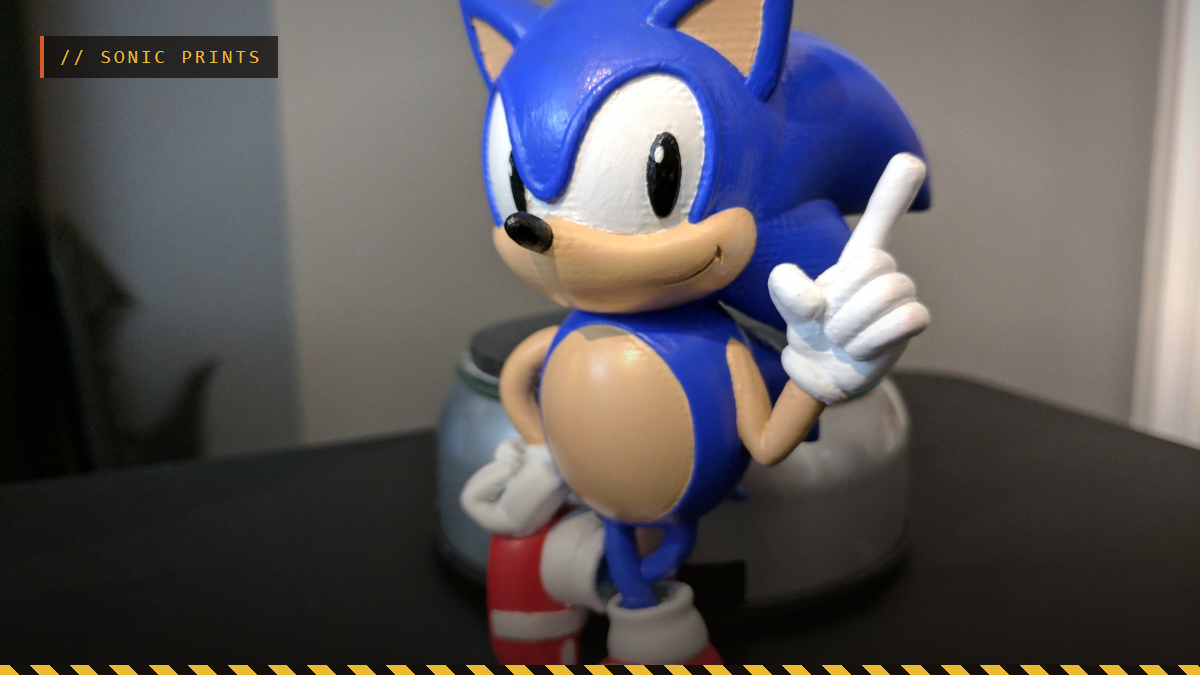 A 3D printed and painted classic Sonic the Hedgehog figure, by ChelsCCT