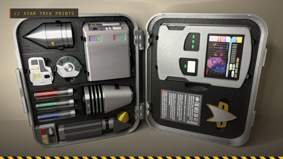 A 3D printed Starfleet medkit case, open, holding printed medical props, by UnimatrixRed