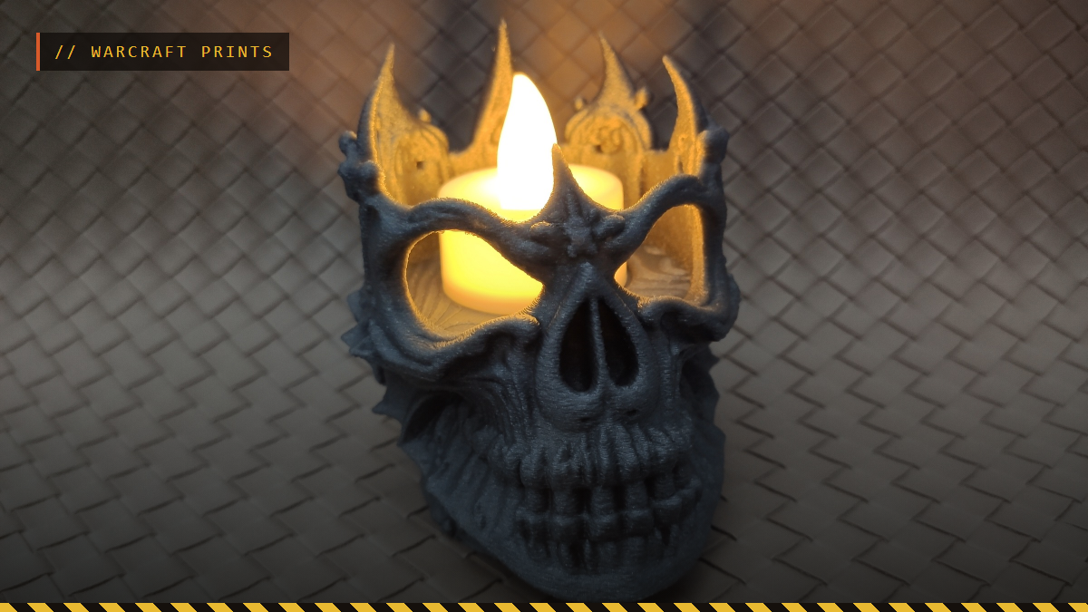 A 3D printed Lich King skull holding a lit tealight, by RUMcajz