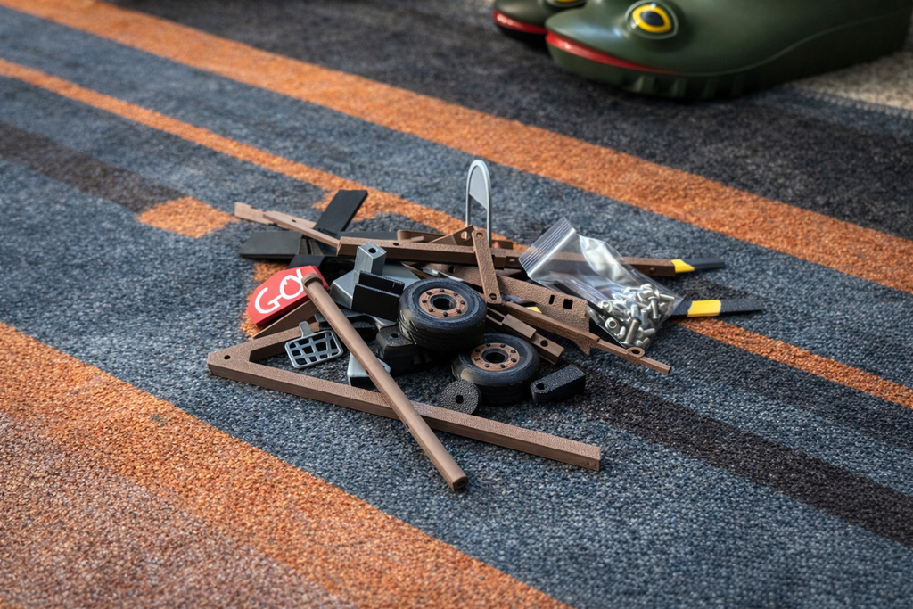 Rust minicopter DIY build kit parts laid out before assembly