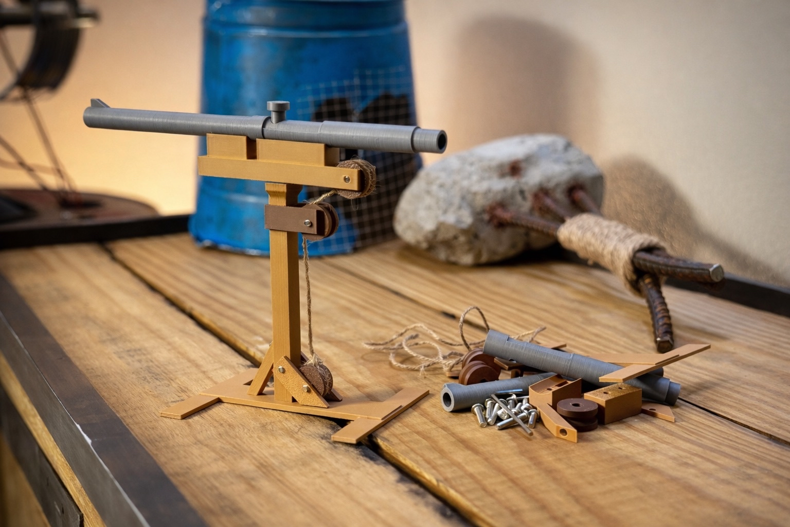 Rust shotgun trap DIY build kit with parts shown before assembly