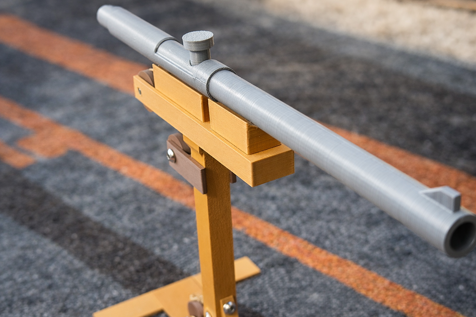 Close up of Rust shotgun trap DIY build kit barrel and mounting assembly