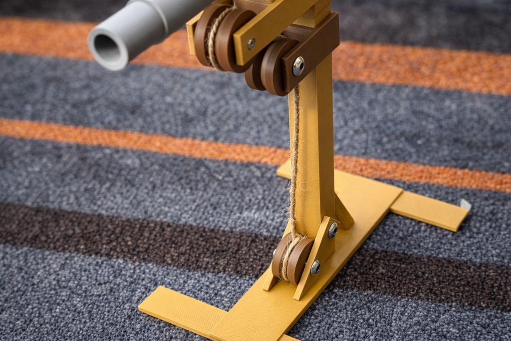 Close up of Rust shotgun trap prop DIY build kit pulley mechanism detail