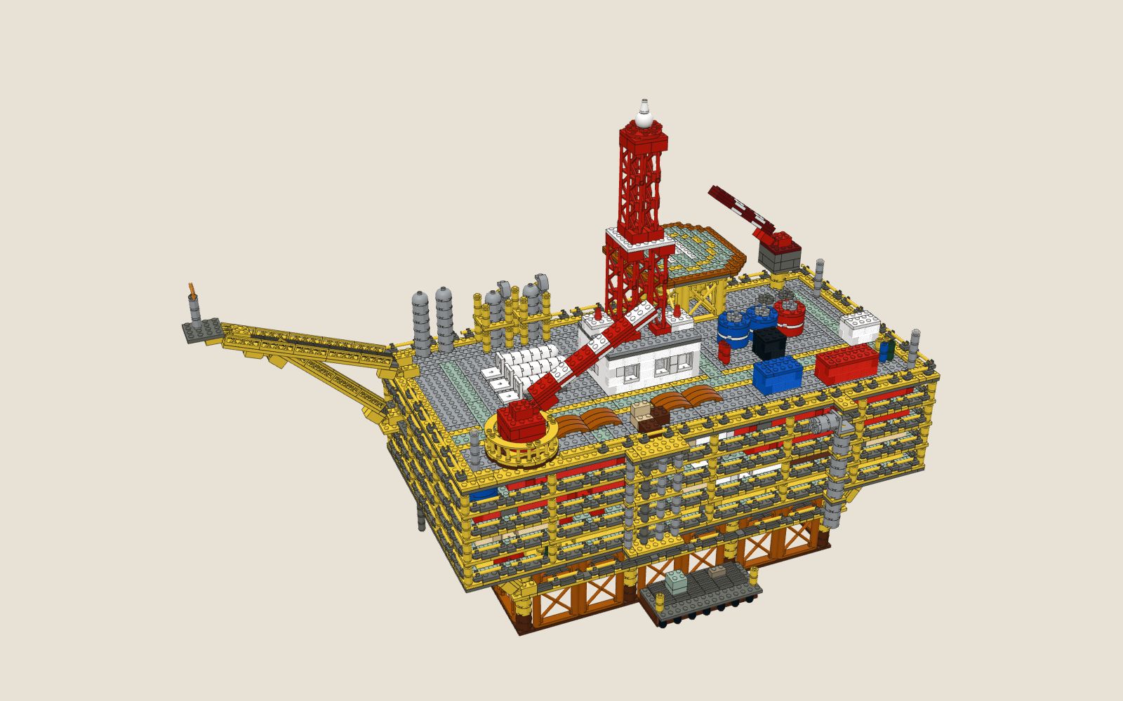 The finished Large Oil Rig brick build: eight braced legs, four levels of containers in a yellow frame, the red derrick, the helipad, two cranes and the flare boom