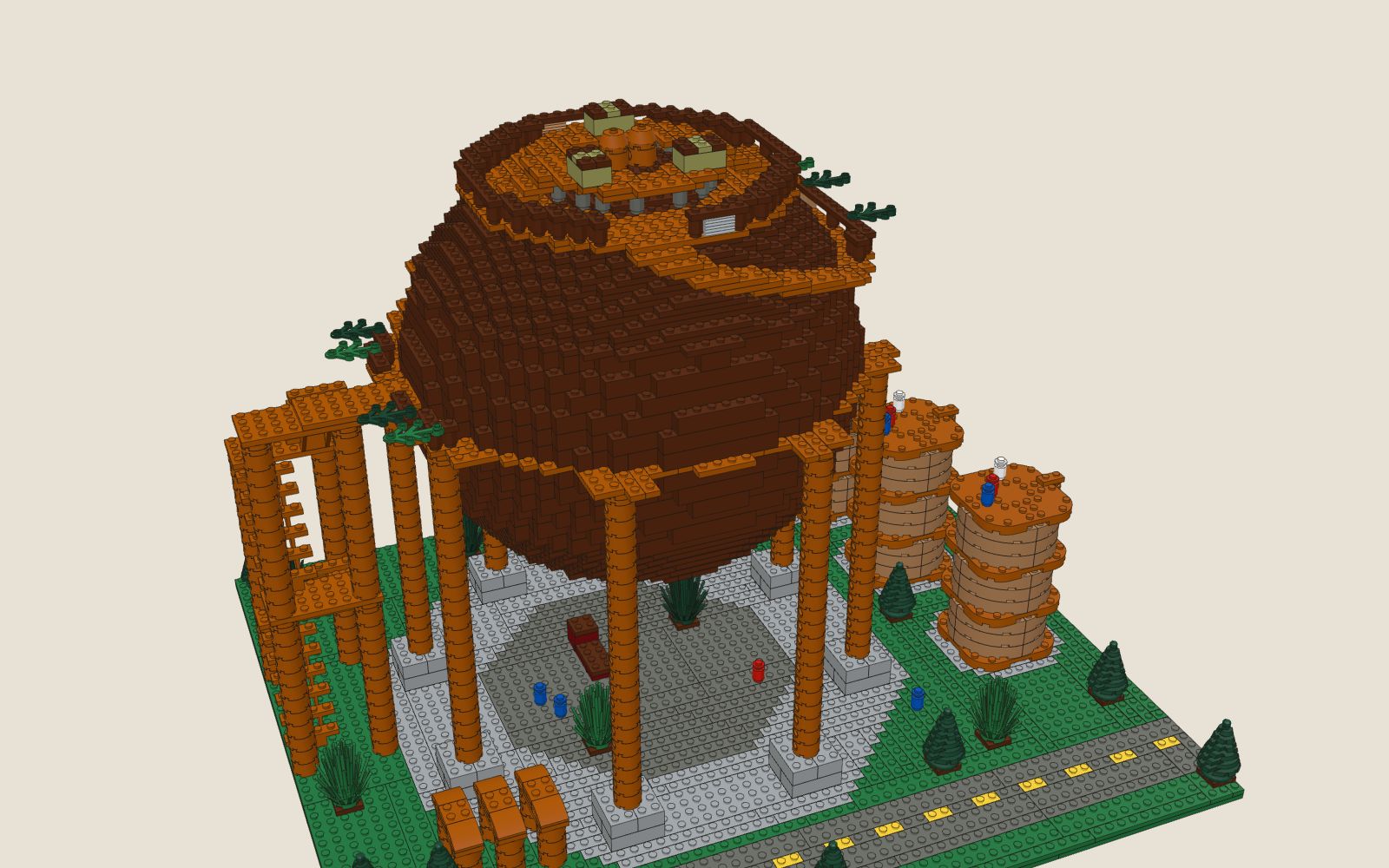 The finished Sphere Tank brick build: the rusty sphere on its eight columns, the walkways and the railed deck on top, with three silos beside it