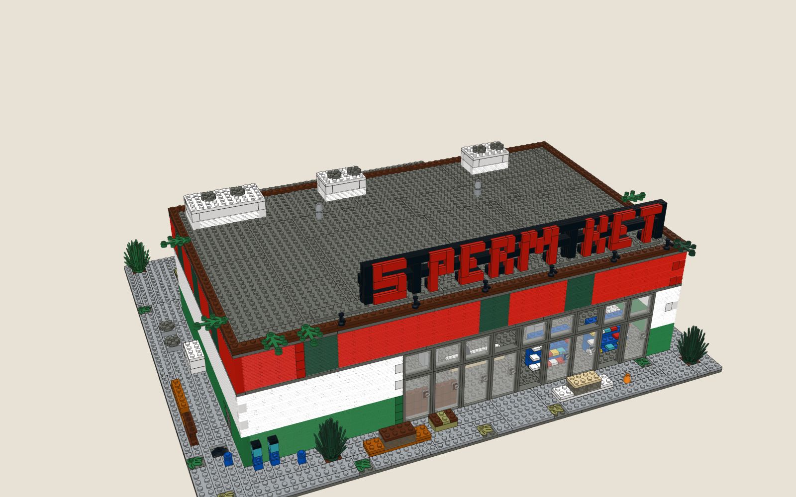The finished Abandoned Supermarket brick build: the storefront, the red fascia with its green louvers and the S PERM KET sign on the roof